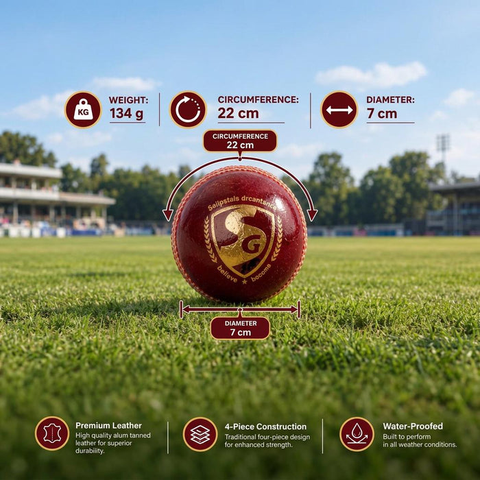 SG Club Red Youth ball specifications showing 134 g weight, 22 cm circumference and 7 cm diameter