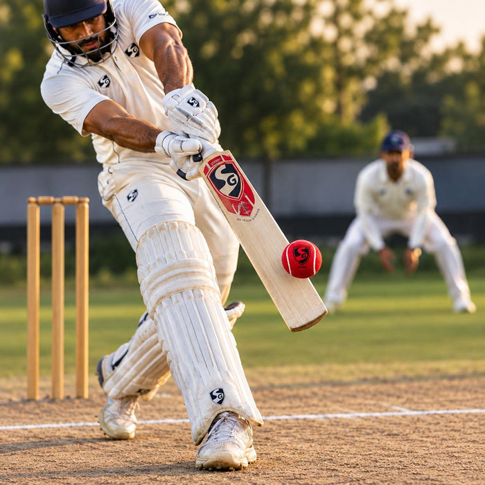 Cricketer batting with a red SG Spark tennis cricket ball