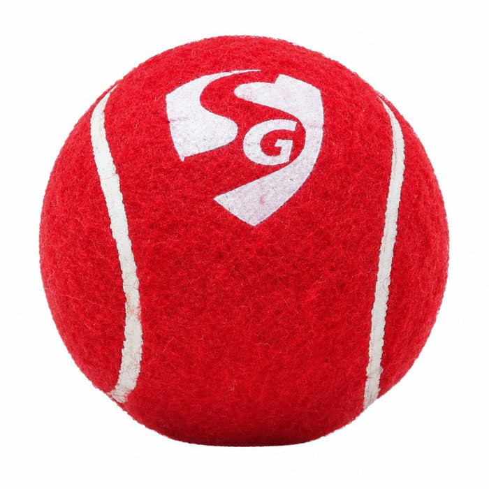 Red SG Club tennis cricket ball close-up with white SG logo
