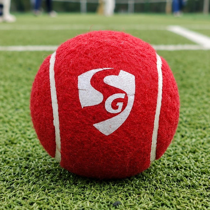 Red SG Club tennis cricket ball on practice ground grass