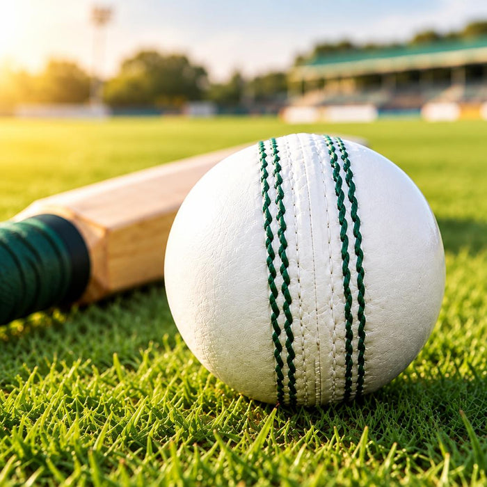 White leather cricket ball beside a cricket bat on grass
