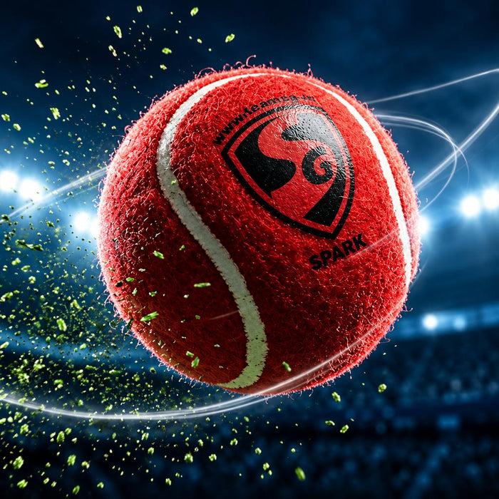Red SG Spark tennis cricket ball against a stadium background