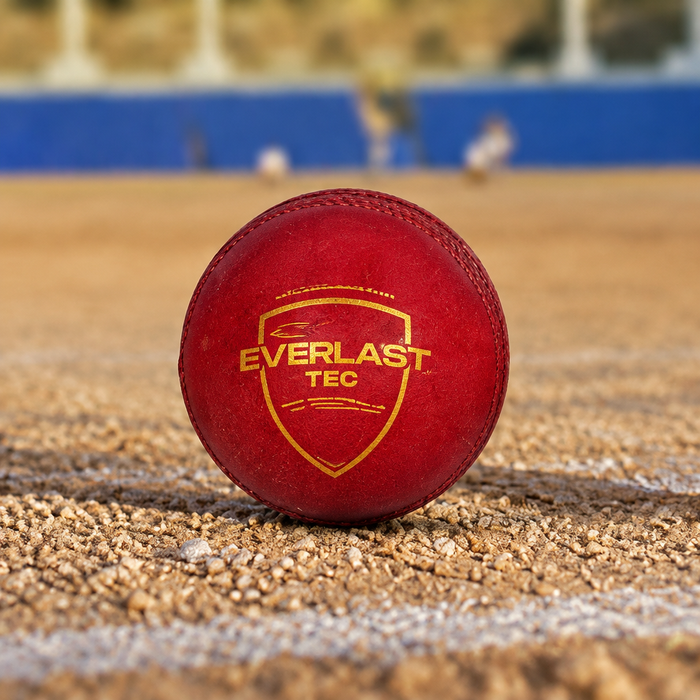 Red SG Everlast Tec ball on a dusty cricket ground