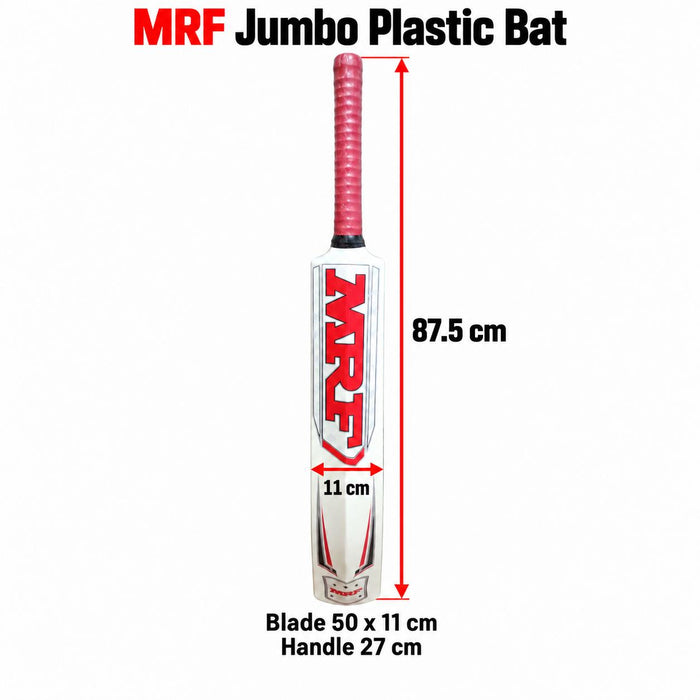 MRF Jumbo plastic bat dimensions - 87.5 cm overall, 50 x 11 cm blade and 27 cm handle