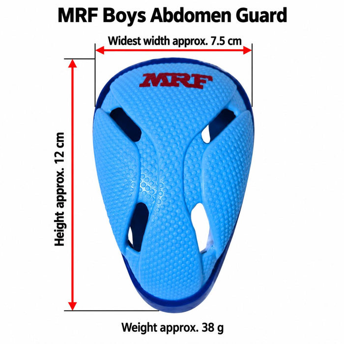MRF Boys abdomen guard with red arrows showing height approx. 12 cm and widest width approx. 7.5 cm, with weight approx. 38 g