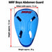 MRF Boys abdomen guard with red arrows showing height approx. 12 cm and widest width approx. 7.5 cm, with weight approx. 38 g