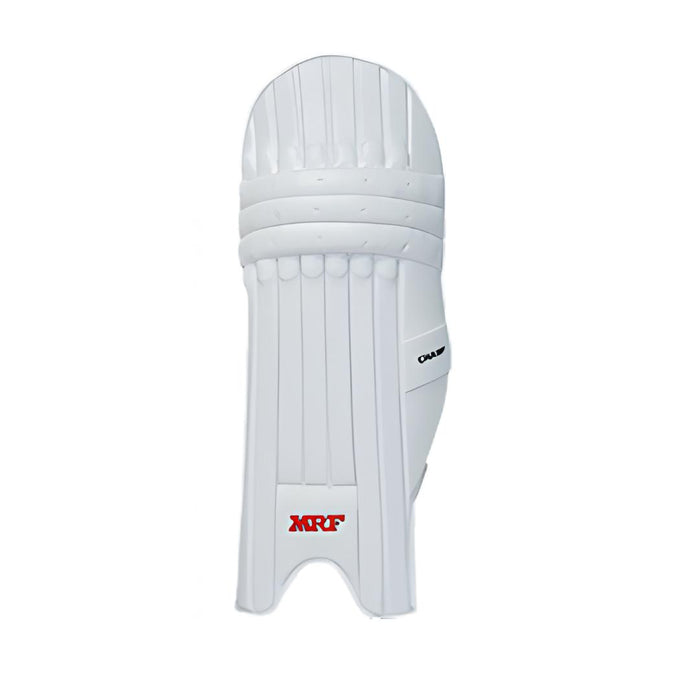 Front view of a white MRF Champ cricket batting leg guard showing knee protection and MRF branding