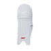 Front view of a white MRF Champ cricket batting leg guard showing knee protection and MRF branding