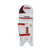 Rear view of a white MRF Champ cricket batting leg guard showing padding and three fastening straps