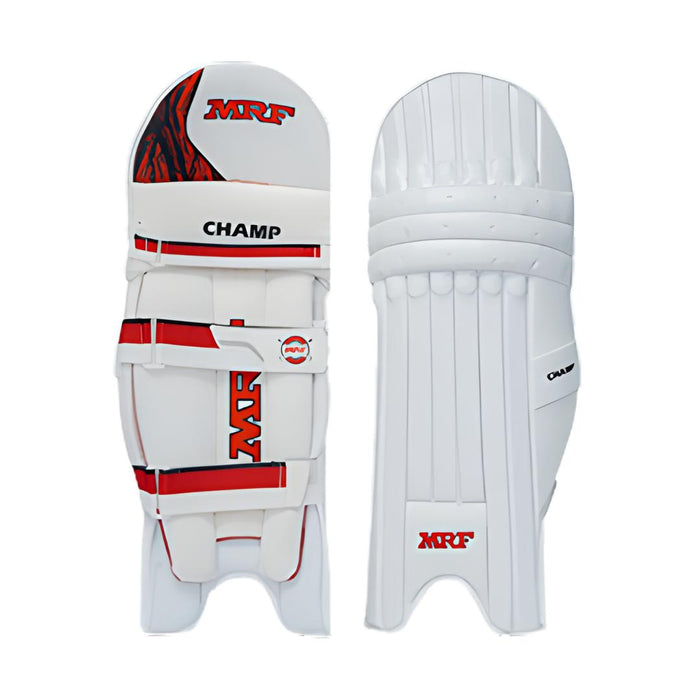 MRF Champ white cricket batting leg guards showing the front padding and rear fastening straps