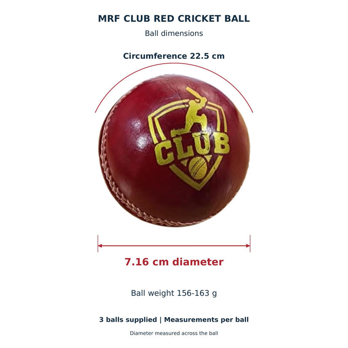 MRF Club red cricket ball - 3 balls supplied with per-ball diameter 7.16 cm, circumference 22.5 cm and weight 156-163 g