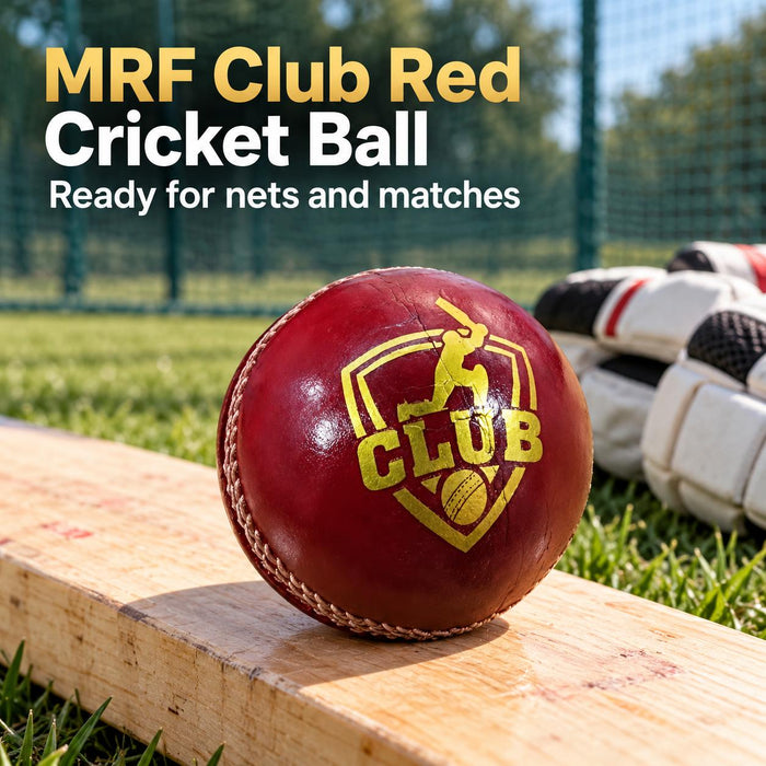 MRF Club red leather cricket ball - bat and gloves practice setting