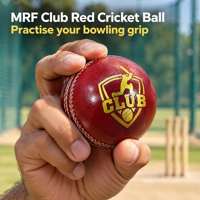 MRF Club red leather cricket ball - bowling grip detail