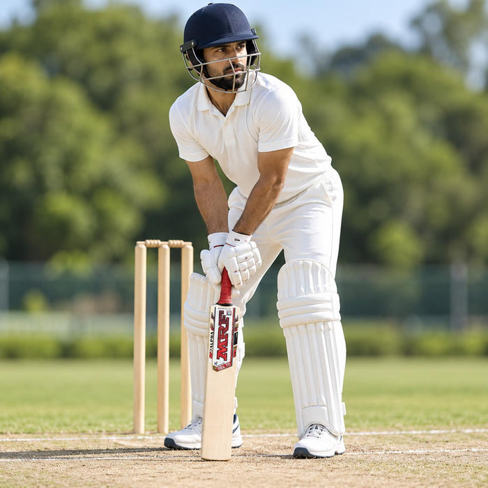 MRF G77 Alpha English Willow Cricket Bat - SH shown held in a batting guard with full cricket protective equipment