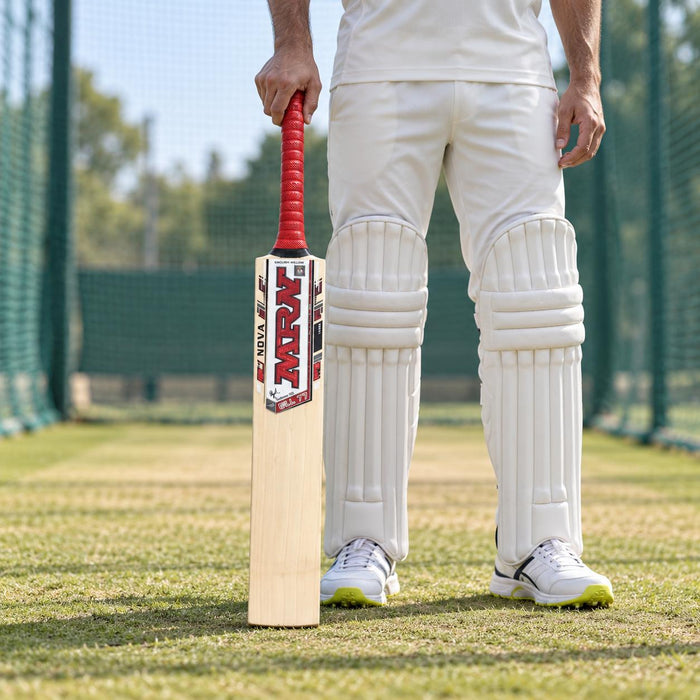 MRF G77 Nova English Willow Cricket Bat - SH held upright by a cricketer before practice