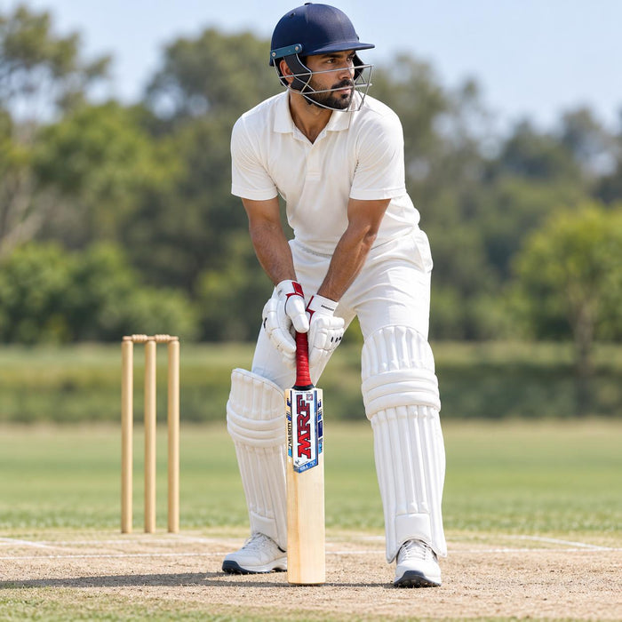 MRF G77 Velocity English Willow Cricket Bat - SH shown held in a batting guard with full cricket protective equipment