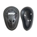 MRF Genius abdomen guard shown from front and rear with carbon-print shell and cushioned rim