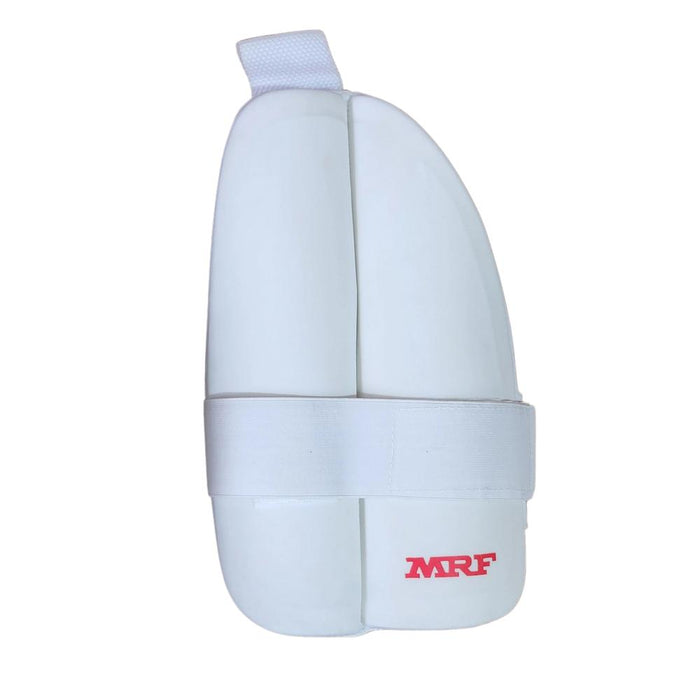 MRF Genius Dual white inner thigh pad with fastening strap and red MRF logo