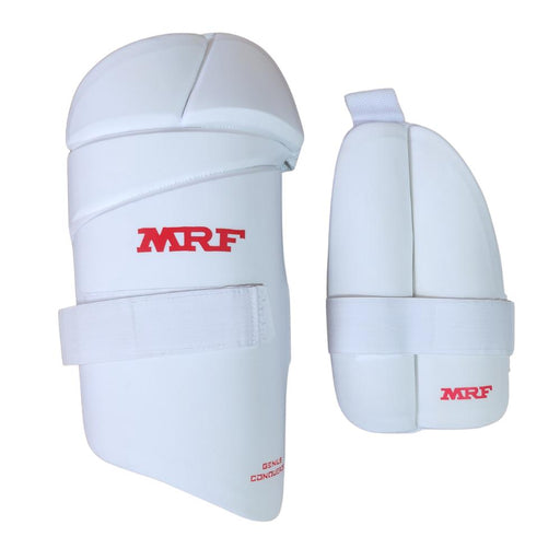 MRF Genius Dual white outer and inner thigh pads with red MRF branding