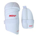 MRF Genius Dual white outer and inner thigh pads with red MRF branding