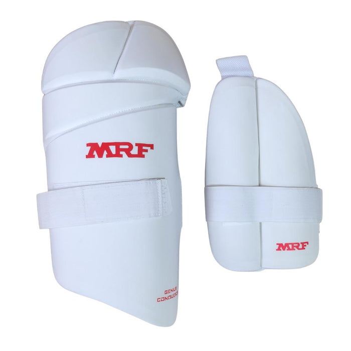 MRF Genius Dual white outer and inner thigh pads with red MRF branding