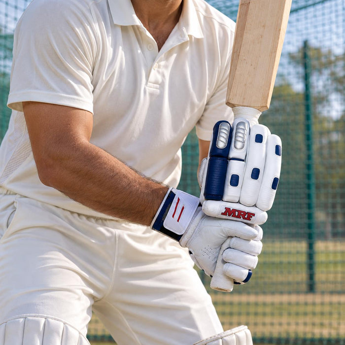 Cricketer using MRF Genius Grand Batting Gloves - Mens, Youth & Boys - wrist fastening and fit