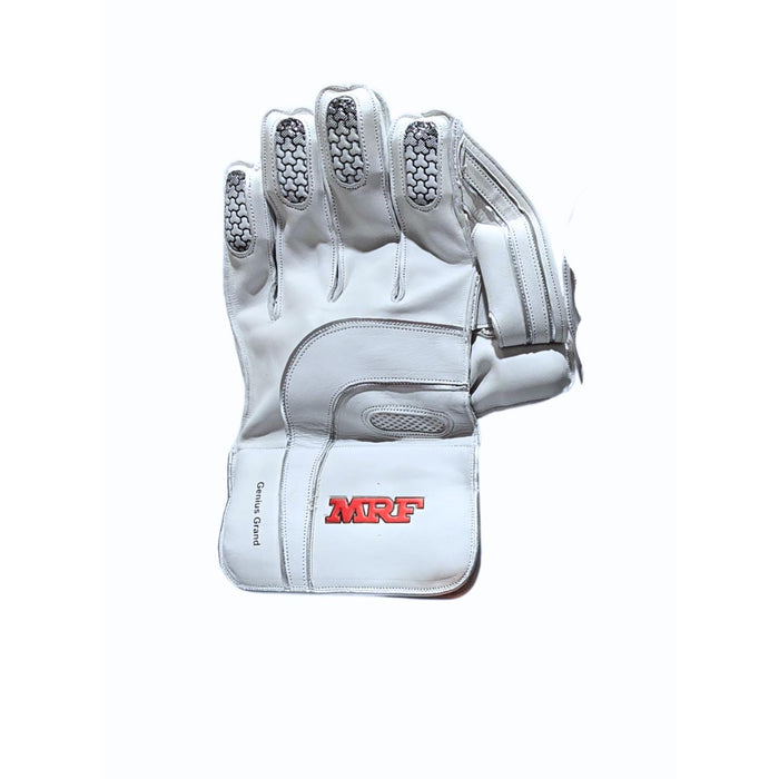 MRF Genius Grand wicket keeping glove back view showing MRF branding and finger construction