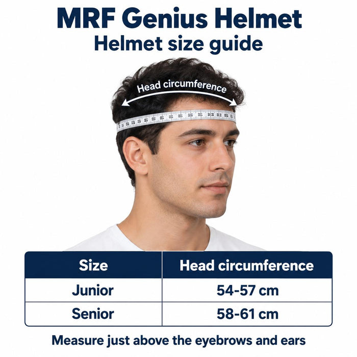 MRF Genius helmet size guide with head circumference measuring arrow - Junior 54-57 cm and Senior 58-61 cm
