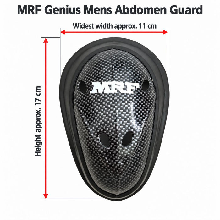 MRF Genius Mens abdomen guard size guide showing vertical height approx. 17 cm and width at the broadest point approx. 11 cm