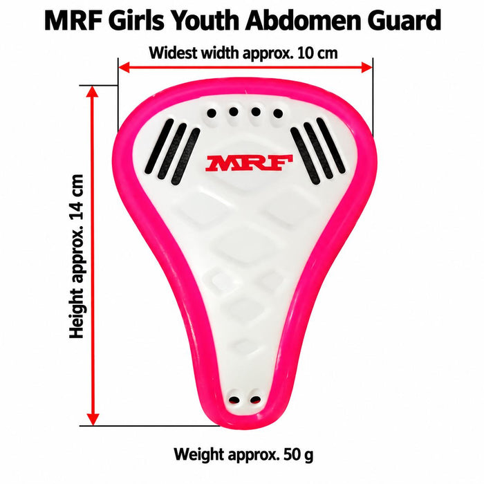 MRF Girls Youth abdomen guard with red arrows showing height approx. 14 cm and widest width approx. 10 cm, with weight approx. 50 g