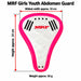 MRF Girls Youth abdomen guard with red arrows showing height approx. 14 cm and widest width approx. 10 cm, with weight approx. 50 g