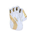 MRF Master Class white and gold wicket keeping glove back view with MRF branding