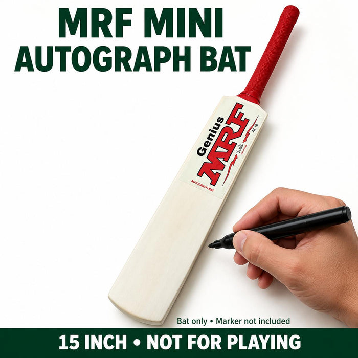 MRF 15 inch unsigned mini autograph cricket bat with a hand holding a marker, not for playing