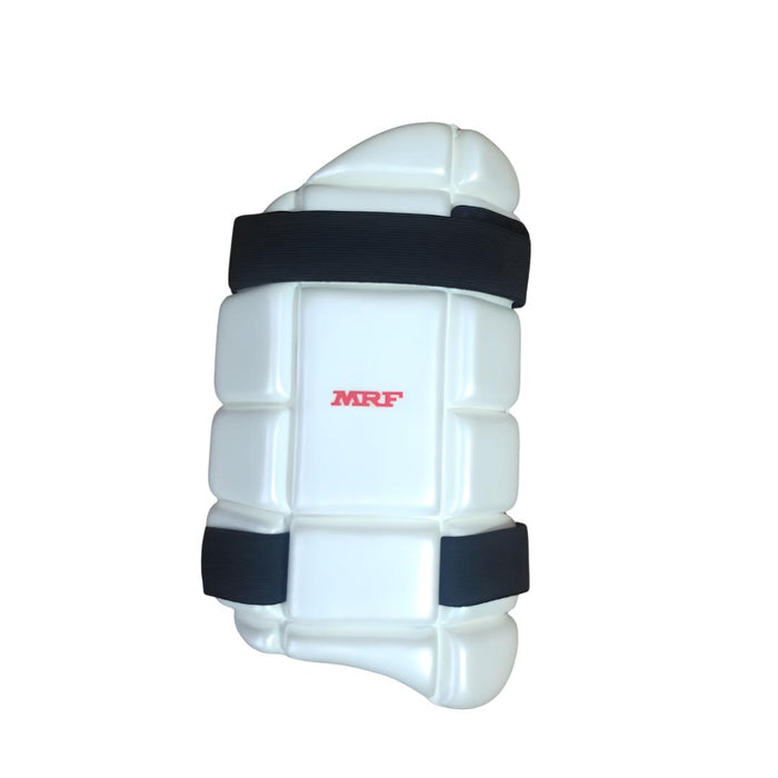 MRF Molded Cricket Single Thigh Guard - RH - front showing MRF branding and padded construction