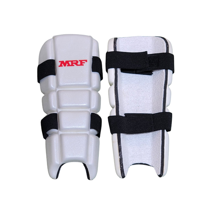 MRF Molded white forearm elbow guard front and rear views