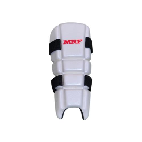 MRF Molded white forearm elbow guard front view with red MRF logo