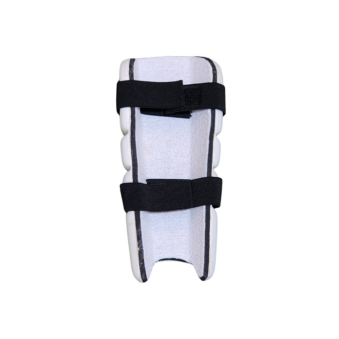 MRF Molded white forearm elbow guard rear view showing two black elastic straps