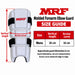 MRF Molded Mens forearm elbow guard size guide showing 26 cm vertical length and 16 cm across curve