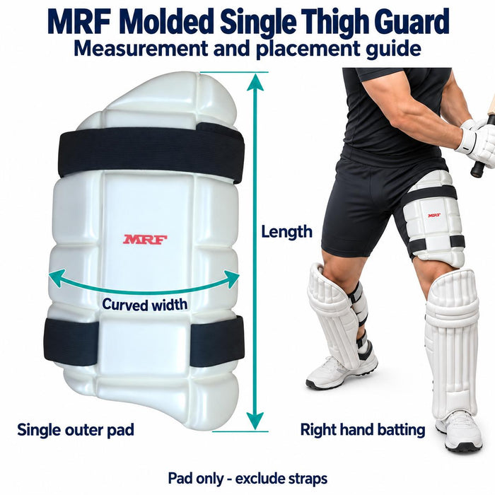 mrf molded single outer thigh guard actual shape, pad-only length and curved width, right hand batting leading thigh fitting example