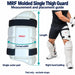 mrf molded single outer thigh guard actual shape, pad-only length and curved width, right hand batting leading thigh fitting example