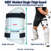 mrf molded single outer thigh guard actual shape, pad-only length and curved width, right hand batting leading thigh fitting example