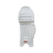 Front view of a white MRF Power 1.0 cricket batting leg guard showing knee rolls, side wing and red MRF logo