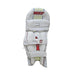 Rear view of a white MRF Power 1.0 cricket batting leg guard showing padded lining and three fastening straps