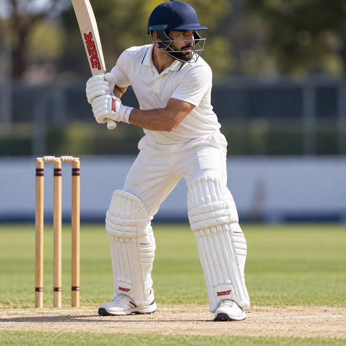 Left-handed adult batter wearing white MRF Power 1.0 cricket batting leg guards in a match batting stance