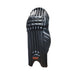 MRF Power 2.0 black cricket batting leg guards front view showing knee rolls, shin rolls and MRF badge