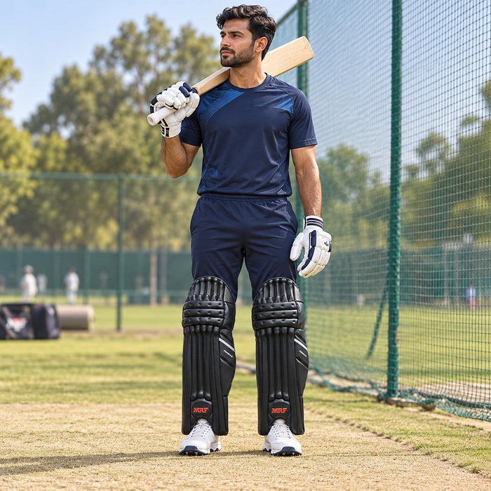 MRF Power 2.0 black batting leg guards worn by a mens cricketer beside the practice nets