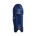 MRF Power 2.0 blue cricket batting leg guards front view showing knee rolls, shin rolls and MRF badge