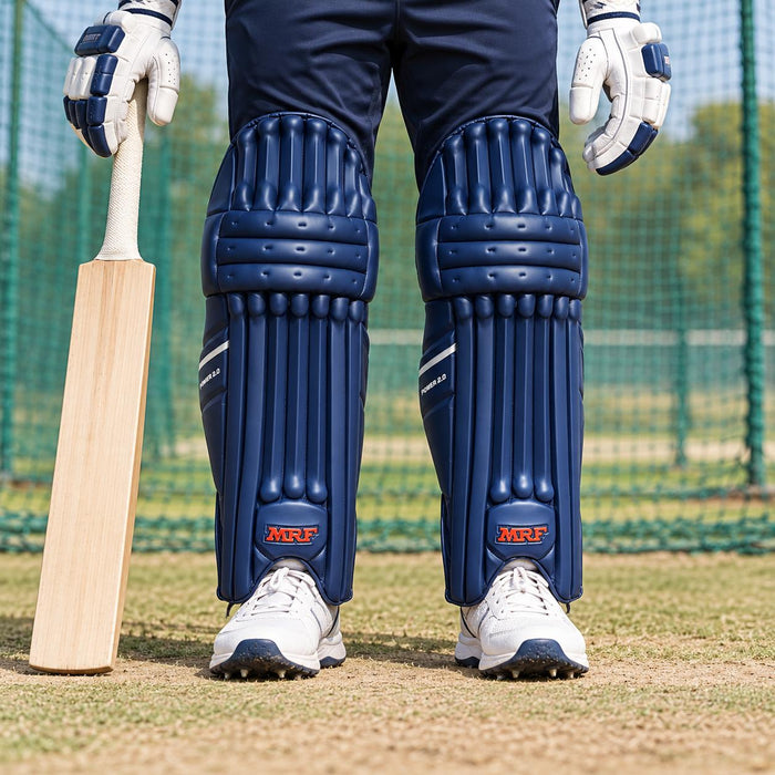MRF Power 2.0 blue batting leg guards worn by a mens cricketer in a front detail view