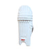 MRF Power 3.0 white cricket batting leg guards front view showing knee rolls, shin rolls and MRF badge