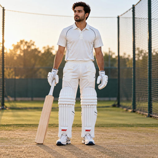 MRF Power 3.0 white batting leg guards worn by a mens cricketer on a practice pitch